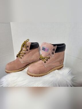 Safety Girl Pink Steel Toe Work Boots with Black Collar and Yellow Laces, Size 8